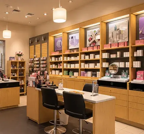 The makeup counter and skin care shelves at the Kingsway studio