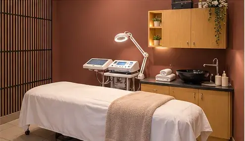 A facial room with a treatment bed and skin care equipment