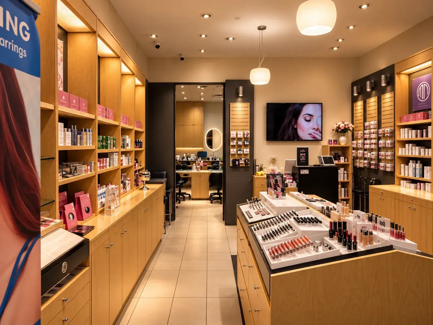 Inside the studio: skin care shelves, a makeup counter and the treatment area at the back